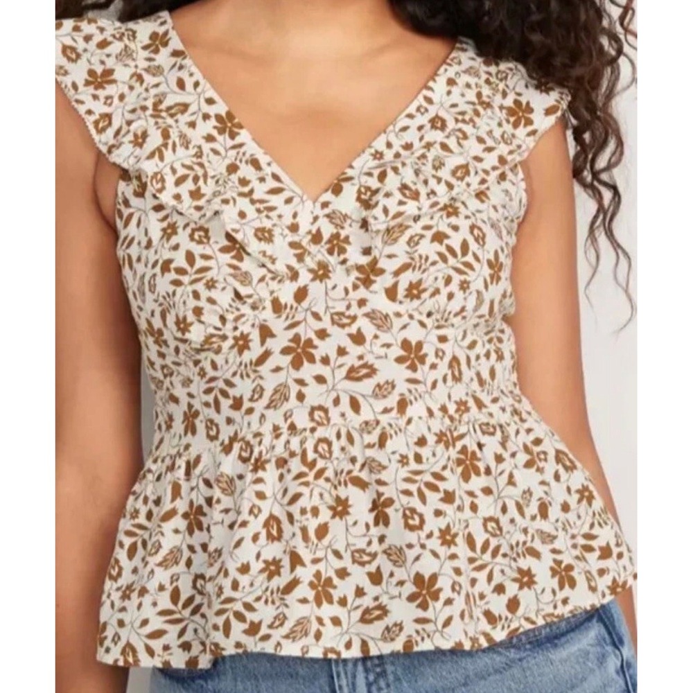 Old Navy Cream/Brown Floral Cotton Sleeveless V-Neck Top. Women's Size Large.